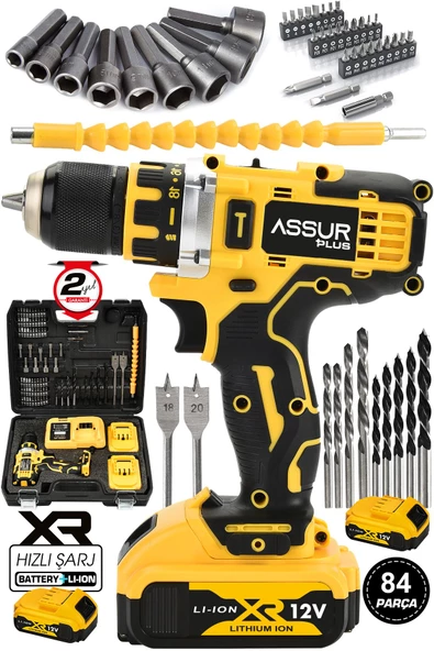 Assur Plus 12V 2Ah Şarjlı Matkap Darbesiz Metal Şanzuman Bakır Sargılı Çift Akülü 84 Parça Set Hediyeli Sarı