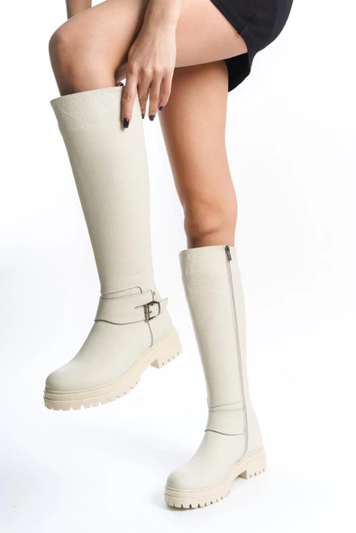 Wers Bej Mat Hakiki Deri Fermuarlı Günlük Çizme - 3