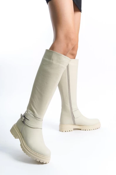 Wers Bej Mat Hakiki Deri Fermuarlı Günlük Çizme - 2