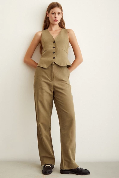 Yüksek Bel Keten Pantolon Haki ürün görseli