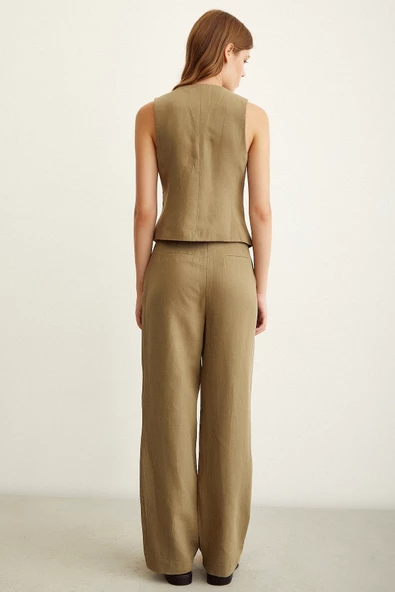Yüksek Bel Keten Pantolon Haki - Resim 4
