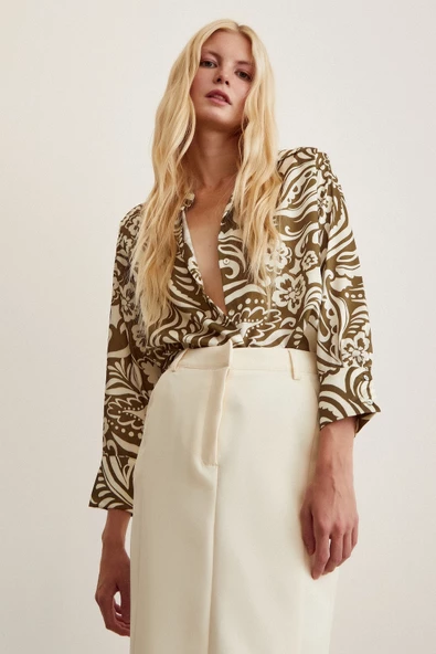 Çiçek Desenli Gömlek Haki - Resim 5