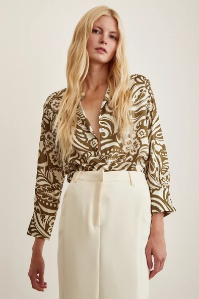 Çiçek Desenli Gömlek Haki - Resim 4