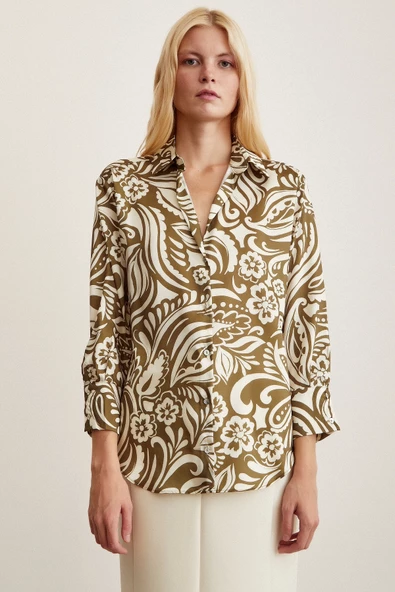 Çiçek Desenli Gömlek Haki - Resim 2