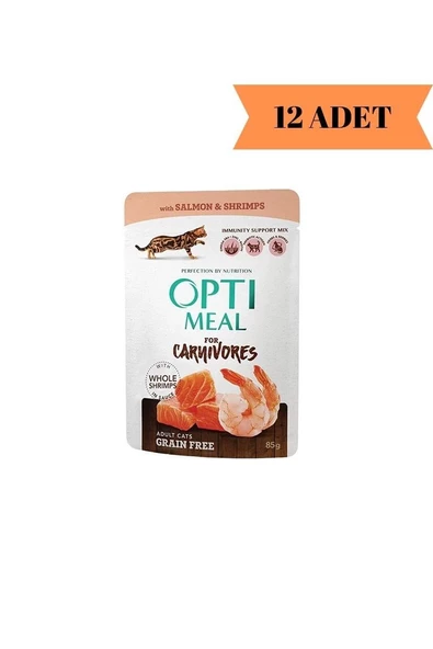 Optimeal Carnivores Somonlu ve Karidesli Tahılsız Yetişin Kedi Yaş Maması 85 Gr X 12