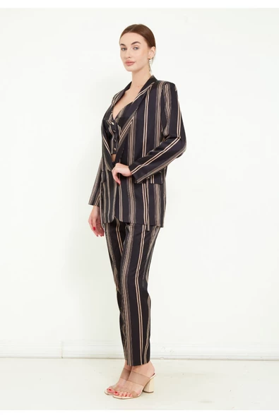 Modatalika Kadın Saten Kumaş Dijital Çizgi Baskılı Üçlü Takım - Resim 2