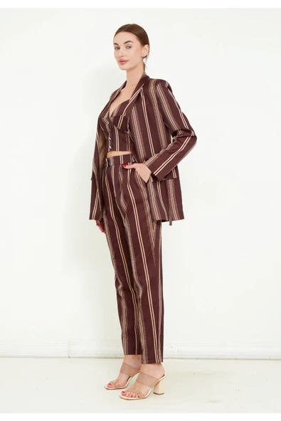 Modatalika Kadın Saten Kumaş Dijital Çizgi Baskılı Üçlü Takım - Resim 5