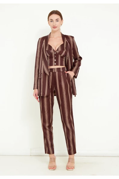 Modatalika Kadın Saten Kumaş Dijital Çizgi Baskılı Üçlü Takım - Resim 6