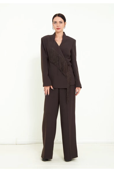 Modatalika Kadın Pantolon Uzun Kollu Ceket Püskül Detaylı Şık İkili Takım - Resim 12