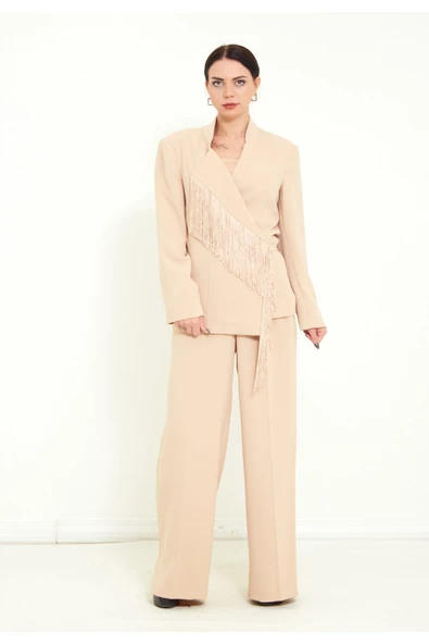 Modatalika Kadın Pantolon Uzun Kollu Ceket Püskül Detaylı Şık İkili Takım - Resim 5