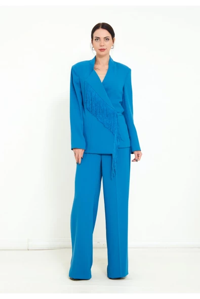 Modatalika Kadın Pantolon Uzun Kollu Ceket Püskül Detaylı Şık İkili Takım - Resim 7