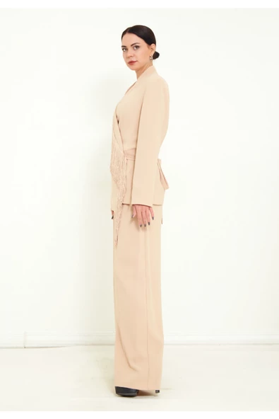 Modatalika Kadın Pantolon Uzun Kollu Ceket Püskül Detaylı Şık İkili Takım - Resim 6