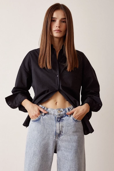 Boyfriend Basic Gömlek Siyah - Resim 5