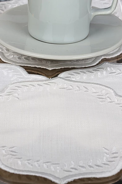 Yuvarlak Krem&Krem 6lı Linen Keten Kahve Yanı Kokteyl Sunum Parti Peçetesi Nakış Işlemeli Sunumluk - 2