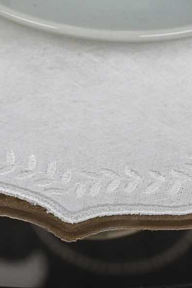 Yuvarlak Krem&Krem 6lı Linen Keten Kahve Yanı Kokteyl Sunum Parti Peçetesi Nakış Işlemeli Sunumluk - 3