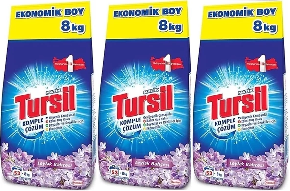 Tursil Matik Toz Çamaşır Deterjanı 24KG Leylak Bahçesi (159 Yıkama) Renkli/Beyazlar (3PK*8KG)