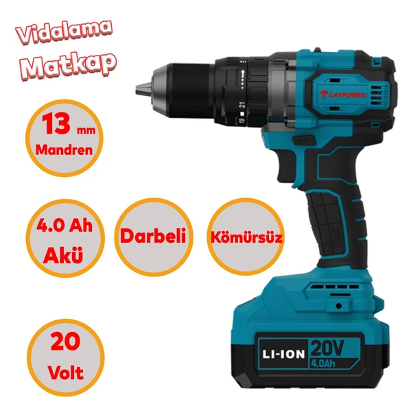 Catpower 4235 Akülü Kömürsüz Li-ion 20 V 4.0 Ah Batarya Avuç Taşlama Kırıcı Delici Darbeli Vidalama - 3