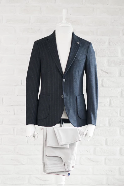 Slimfit Torba Cep Çizgili Mono Yaka Astarsız Çift Yırtmaç Likralı Kışlık Erkek Tek Ceket - 8