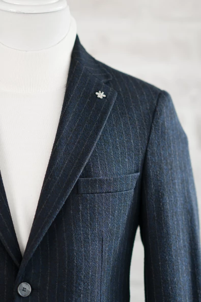 Slimfit Torba Cep Çizgili Mono Yaka Astarsız Çift Yırtmaç Likralı Kışlık Erkek Tek Ceket - 10