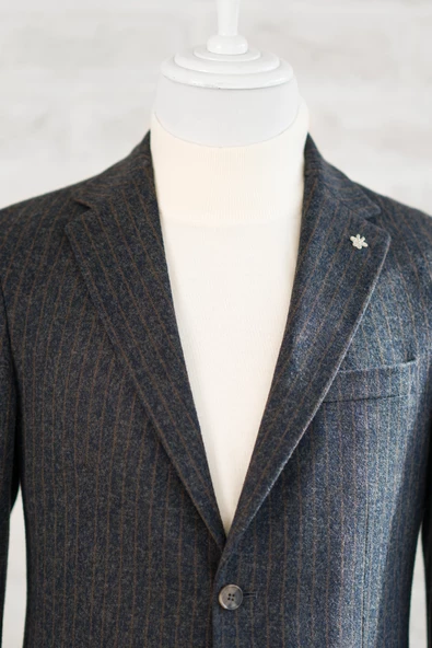 Slimfit Torba Cep Çizgili Mono Yaka Astarsız Çift Yırtmaç Likralı Kışlık Erkek Tek Ceket - 4