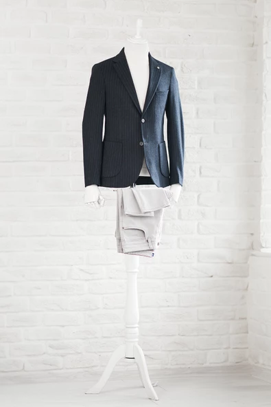 Slimfit Torba Cep Çizgili Mono Yaka Astarsız Çift Yırtmaç Likralı Kışlık Erkek Tek Ceket - 7