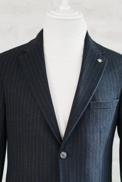 Slimfit Torba Cep Çizgili Mono Yaka Astarsız Çift Yırtmaç Likralı Kışlık Erkek Tek Ceket - 9