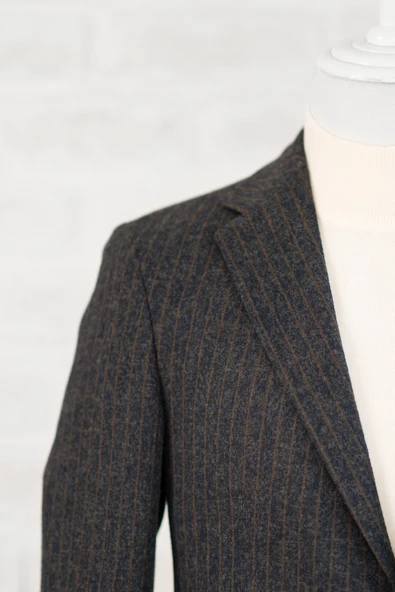 Slimfit Torba Cep Çizgili Mono Yaka Astarsız Çift Yırtmaç Likralı Kışlık Erkek Tek Ceket - 5