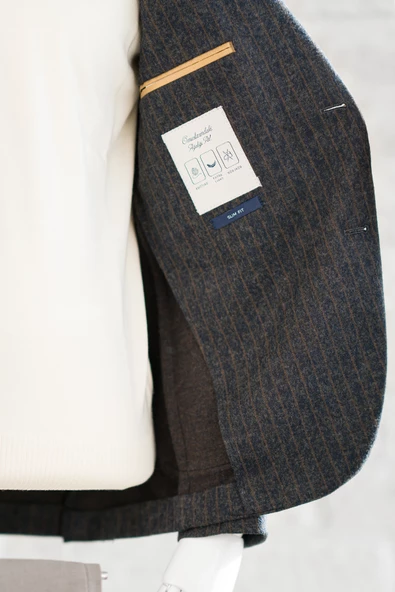 Slimfit Torba Cep Çizgili Mono Yaka Astarsız Çift Yırtmaç Likralı Kışlık Erkek Tek Ceket - 6