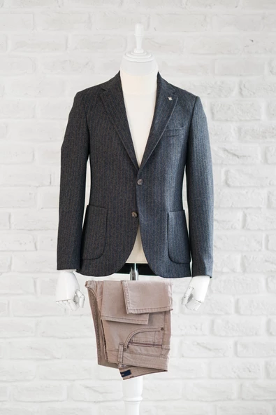 Slimfit Torba Cep Çizgili Mono Yaka Astarsız Çift Yırtmaç Likralı Kışlık Erkek Tek Ceket - 2