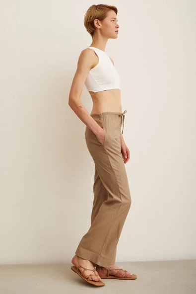 Beli Lastikli Biyeli Yüksek Bel Pantolon Haki - Resim 5