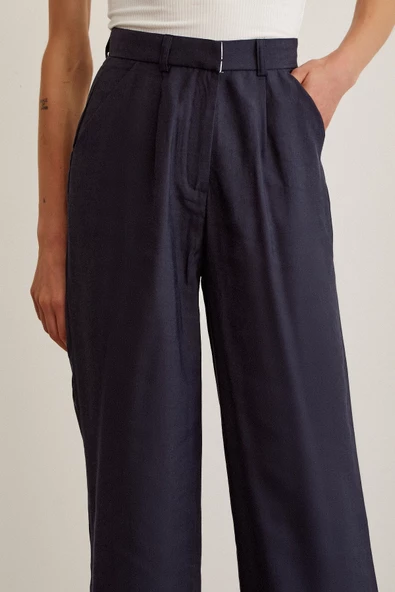 Yüksek Bel Geniş Paça Pantolon Lacivert - Resim 5