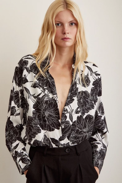 Desenli Viskon Gömlek Siyah - Resim 5