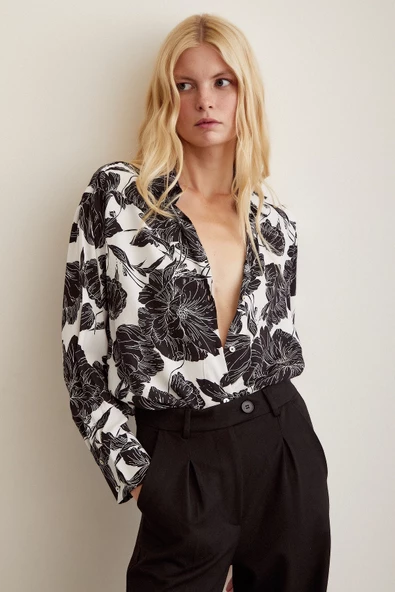 Desenli Viskon Gömlek Siyah - Resim 6