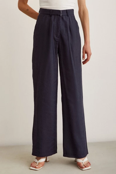 Yüksek Bel Geniş Paça Pantolon Lacivert - Resim 4