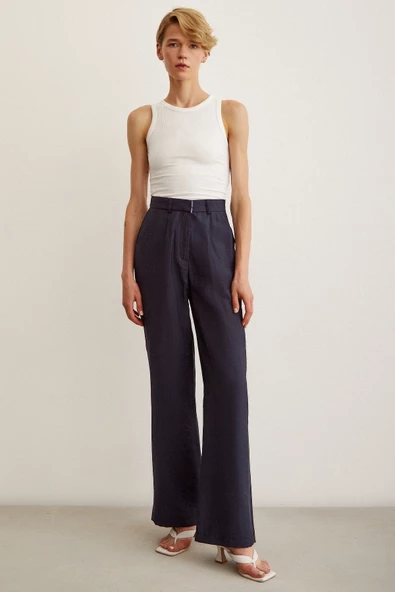 Yüksek Bel Geniş Paça Pantolon Lacivert - Resim 2