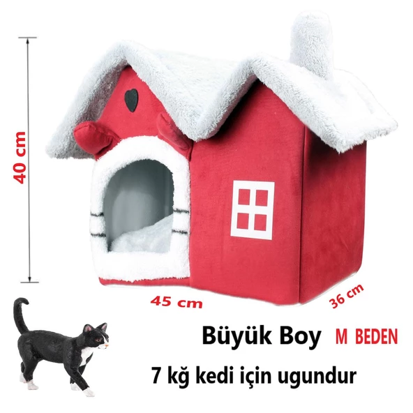 Tineke Kedi evi Yumuşak kedi yatağı derin uyku ve kış evi çıkarılabilir minder -VİLLA ( KIRMIZI )1ADET BÜYÜK BOY