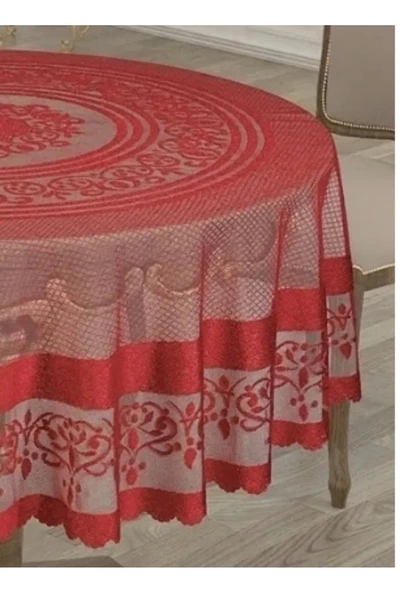 Bella Raşel Örme Tül Osmanlı Desen Yuvarlak Masa Örtüsü Kırmızı - 2