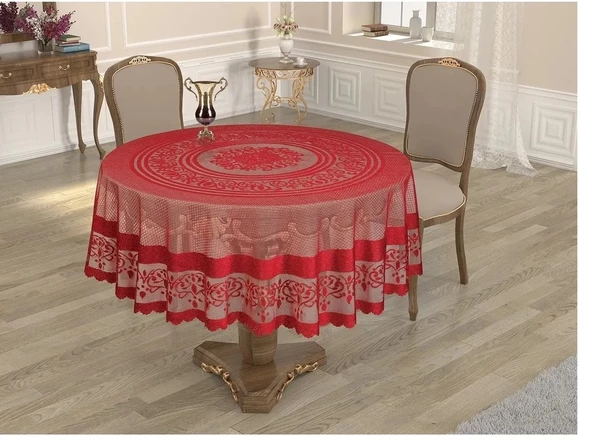 Bella Raşel Örme Tül Osmanlı Desen Yuvarlak Masa Örtüsü Kırmızı