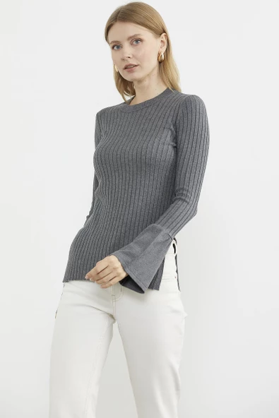 Kol Detaylı Derbili Triko Kazak - Koyu Gri - Resim 2