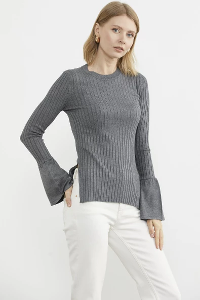 Kol Detaylı Derbili Triko Kazak - Koyu Gri - Resim 3