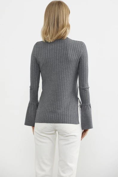 Kol Detaylı Derbili Triko Kazak - Koyu Gri - Resim 5