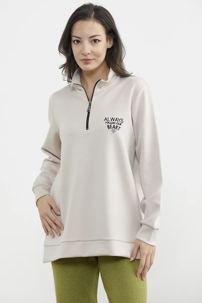 Dik Yaka Yarım Fermuarlı Sweatshirt - Taş - 3