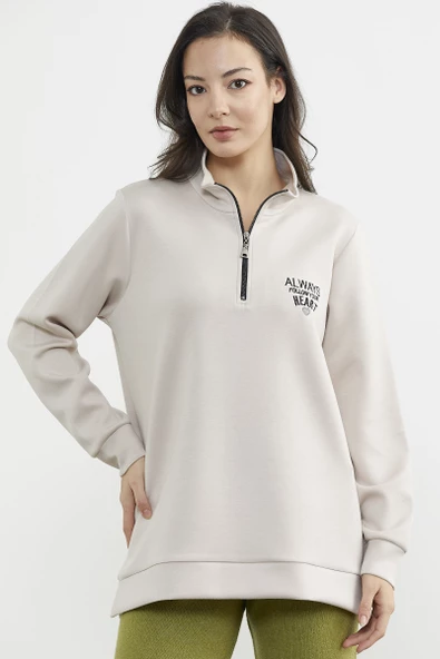 Dik Yaka Yarım Fermuarlı Sweatshirt - Taş - 2