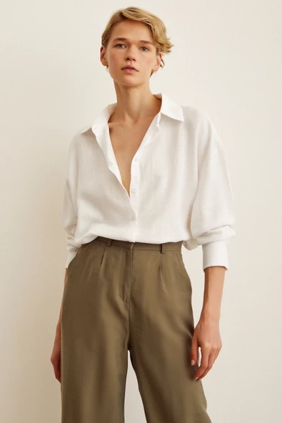 Robalı Oversize Gömlek Beyaz - Resim 6