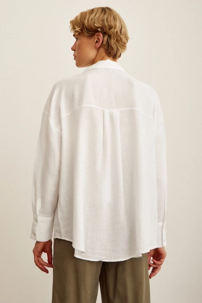 Robalı Oversize Gömlek Beyaz - Resim 2