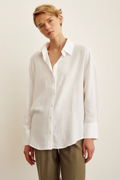 Robalı Oversize Gömlek Beyaz - Resim 3