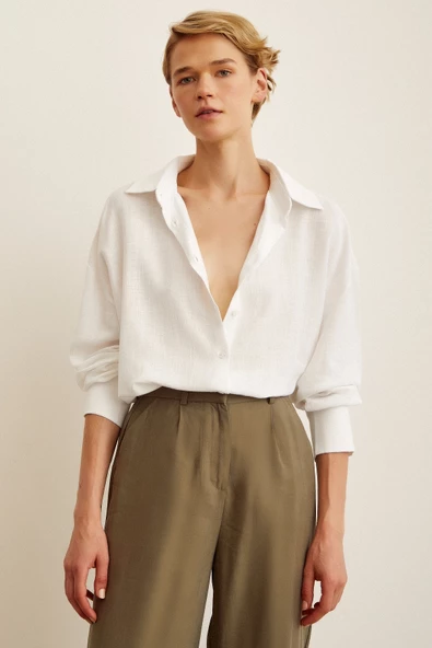 Robalı Oversize Gömlek Beyaz - Resim 5