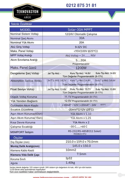 30A MPPT SOLAR ŞARJ KONTROL 12-24V HAVENSİS SOLAR-30AMPS - 4