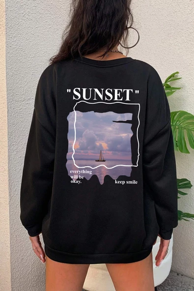 Unisex Sunset Baskılı Bisiklet Yaka Sweatshirt