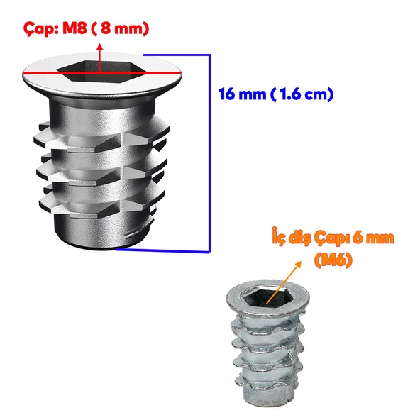Metal Euro Dişli Dübel Ahşap Dübeli M6 8x16 Diş Çinko Mobilya Bağlantı Ünite Birleştirme (50 ADET) - 2